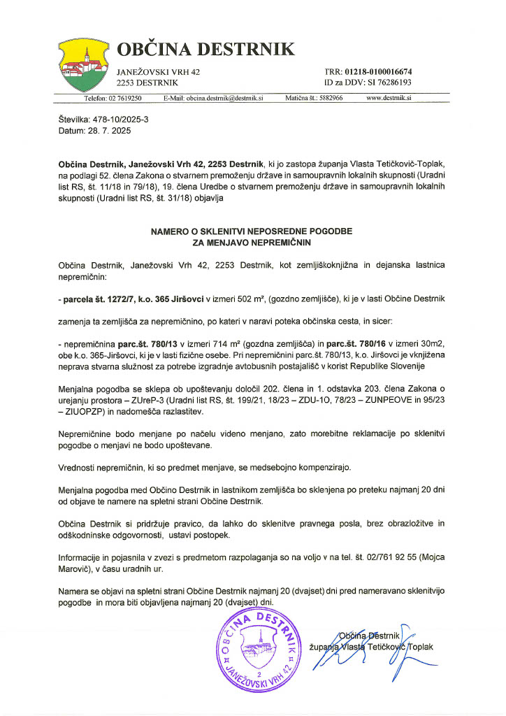 namera o sklenitvi neposredne pogodbe za menjavo nepremičnin
